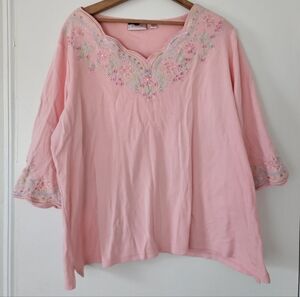 Quacker Factory Womens Top 2X Pink Embroidered Floral Pastel Cottagecore Hearts